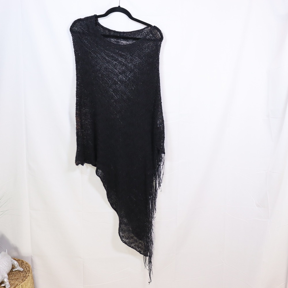 Chico's Black Open Knit Asymmetric Poncho Wrap One Size Fringe Boho